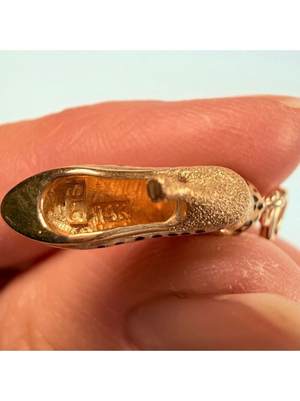 14K Solid Yellow Gold Stuller Enamel Leopard High Heel Shoe VTG Charm Pendant - Picture 7 of 9